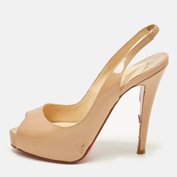 Christian Louboutin Shoes - Christian Louboutin Lady Peep Sling Size 35 Beige Patent Leather Platform Pumps